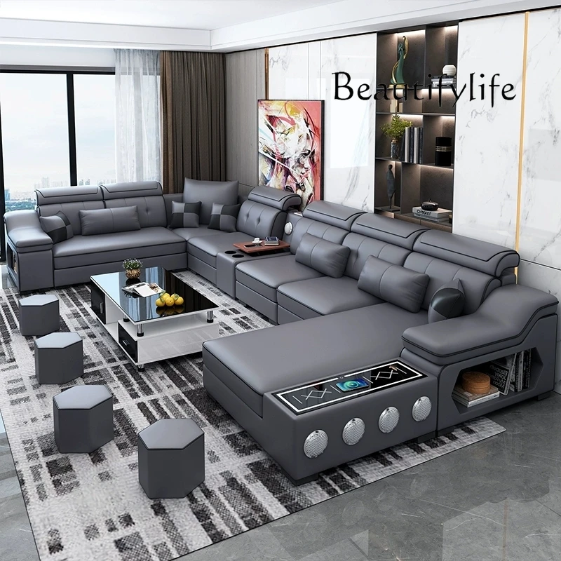 MANBAS Modern Scientific Cloth Sectional Sofa Set with Chaise Lounge, Bluetooth Speakers, and USB Charging Ports for Living Room