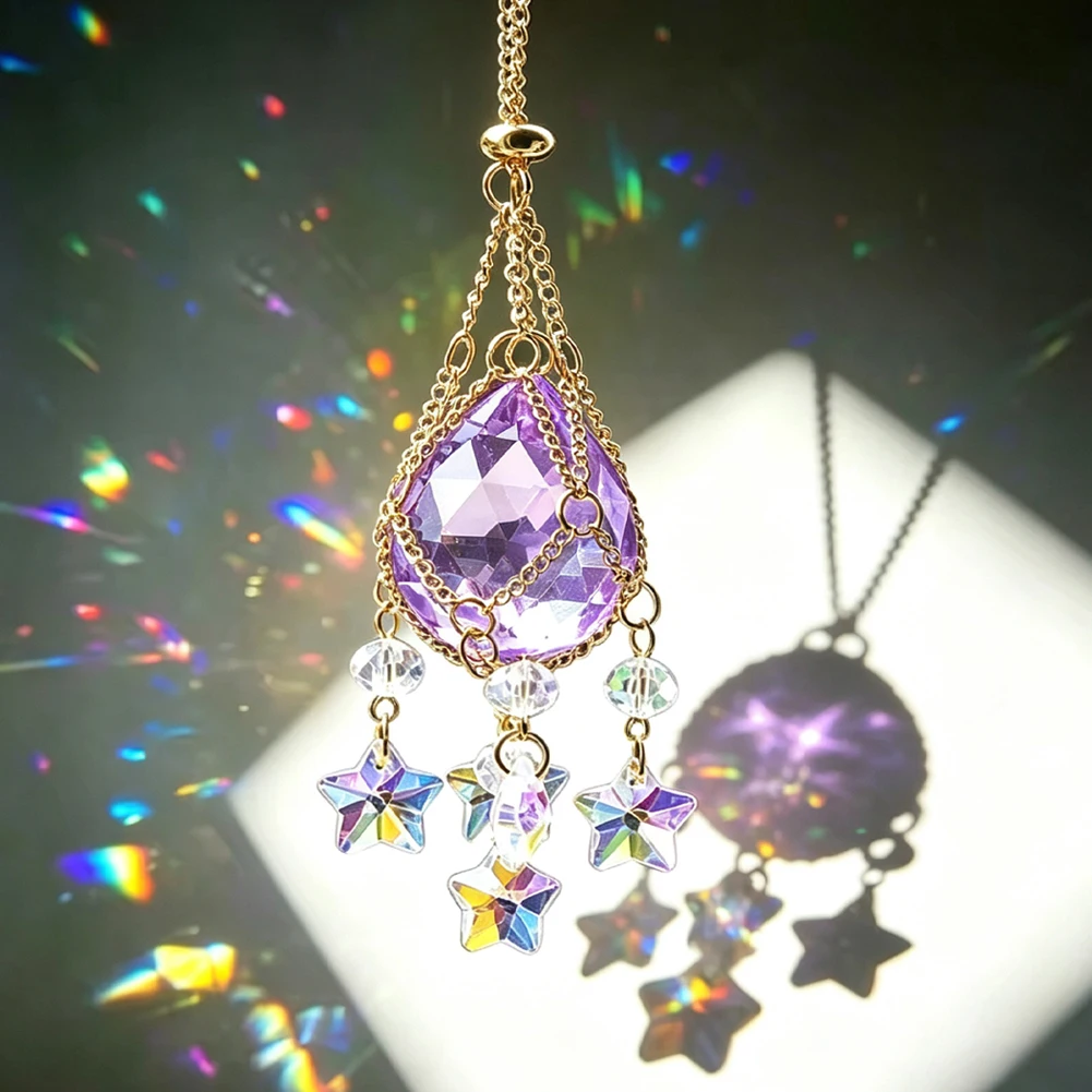Hanging Suncatcher Detachable Crystal Ball Mesh Pouch Star Prisms Magical Rainbow Reflection DIY Car Pendant Window Garden Decor