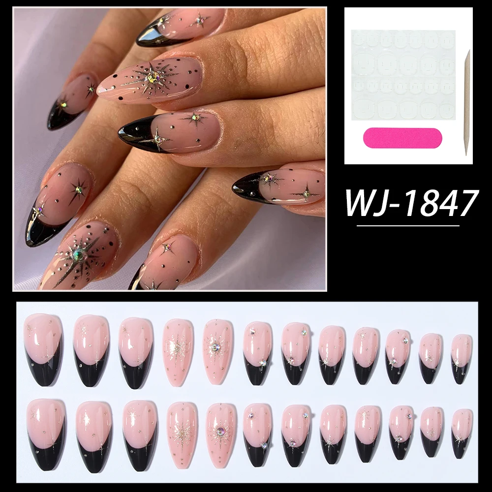 24pcs press on nails reusable,short and medium fake nail almond nail,personalized punk style sticky drill black nail tip design