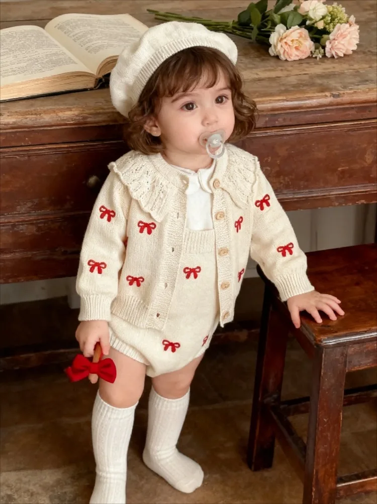Korean baby coat embroidered knit cardigan baby lapel single breasted Bow sweater cotton yarn princess tops jumpsuit 2-piece set