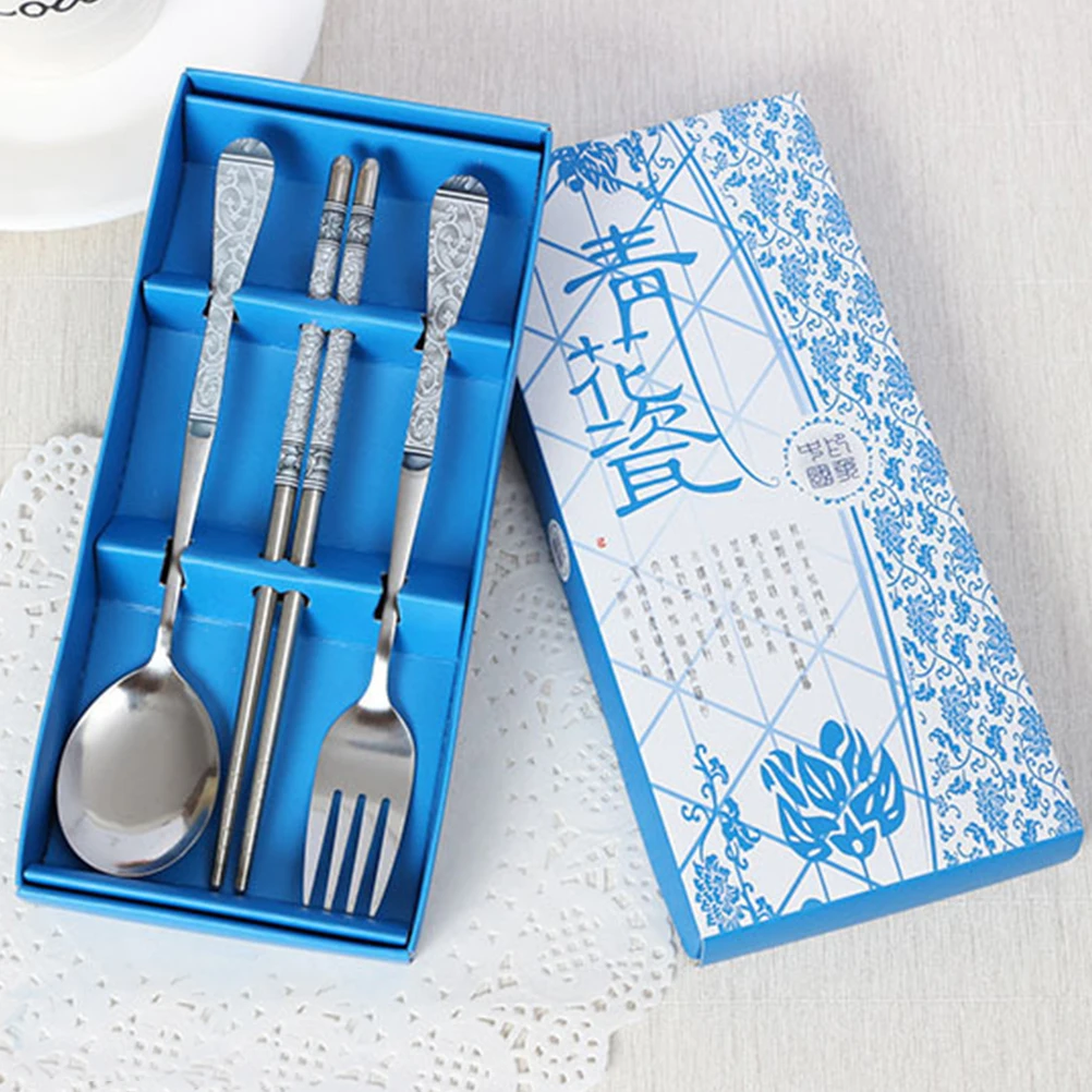 

3Pcs Stainless Steel Portable Cutlery Set Fork Spoon Chopsticks In Stylish Case Easy Clean Reusable Tableware For Camping Hiking