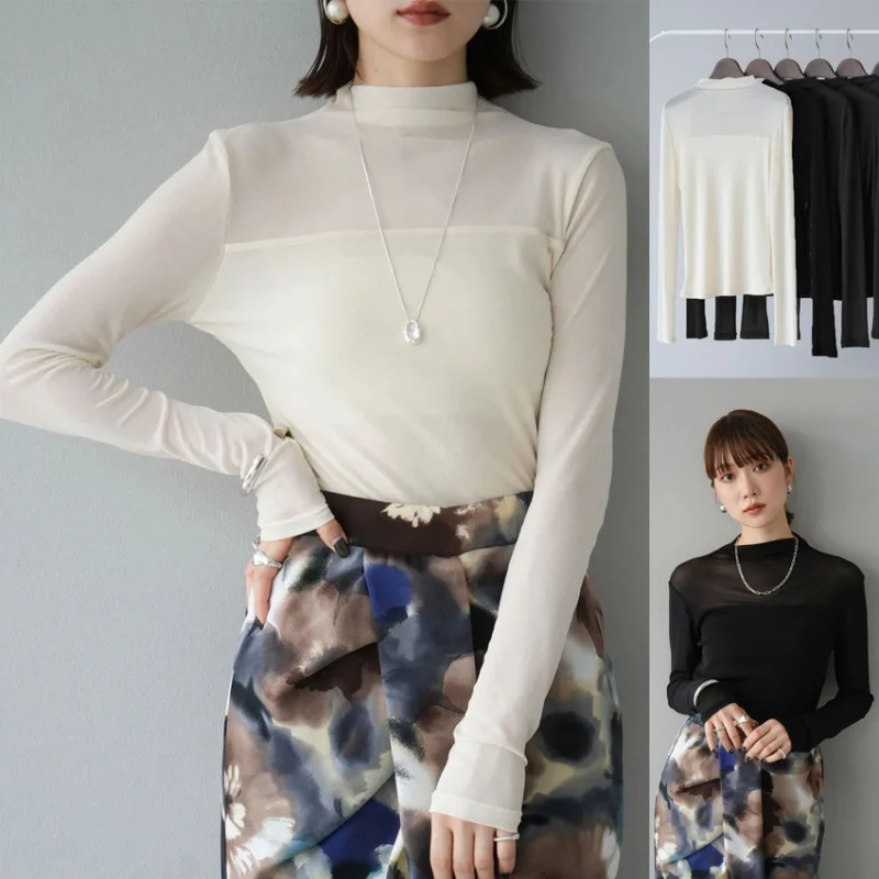 

Loose Long Sve Stand Collar Women's Base irt Patchwork T-irt Layered Top Cross-Border Japanese Sle Rui INS