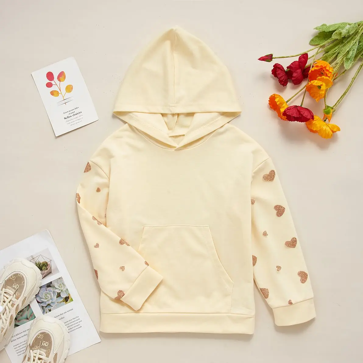 Girls' Sweater Hooded Long Sleeve Pocket Top Girls' Monochrome Simple Sweater Girls' Cute Top 4-12Y