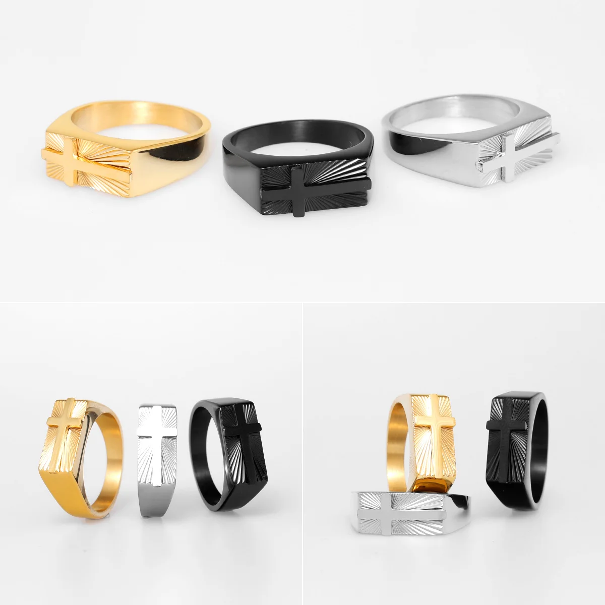 316L Stainless Steel Ring Relief Carving Cross Men Rings Religion Golden Plating Classic for Friend Boyfriend Jewelry Best Gift