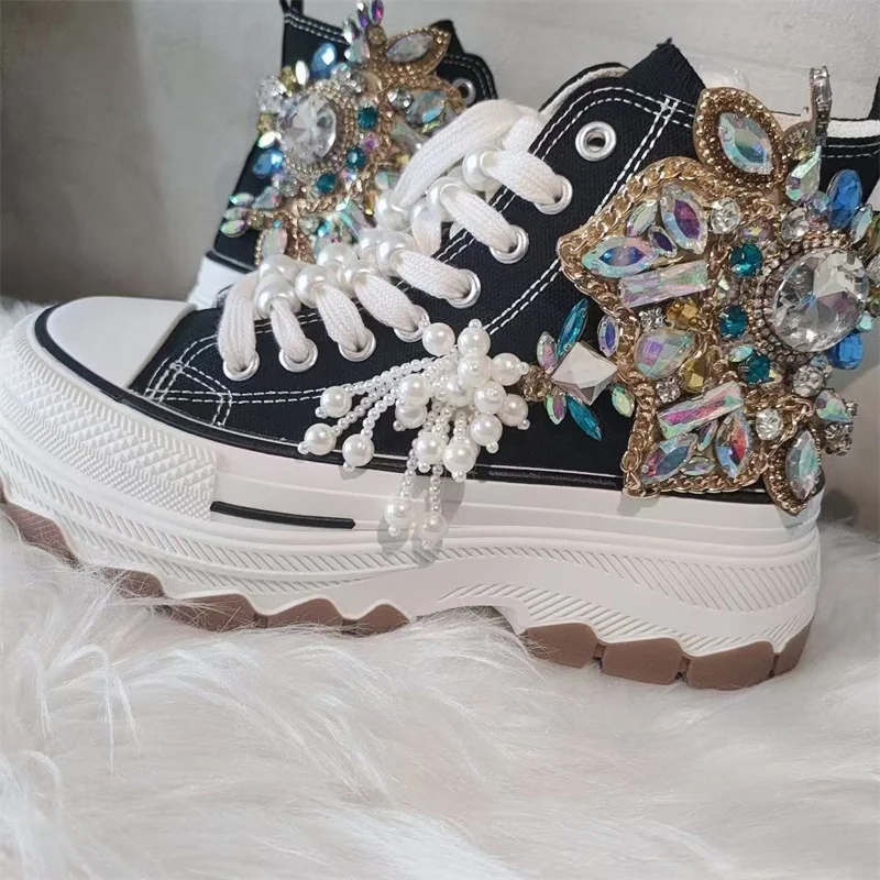 Thick sole high top nailed bead rhinestone fringed gem canvas shoes hand-customized black lace-up women's casual sneakers 35-40