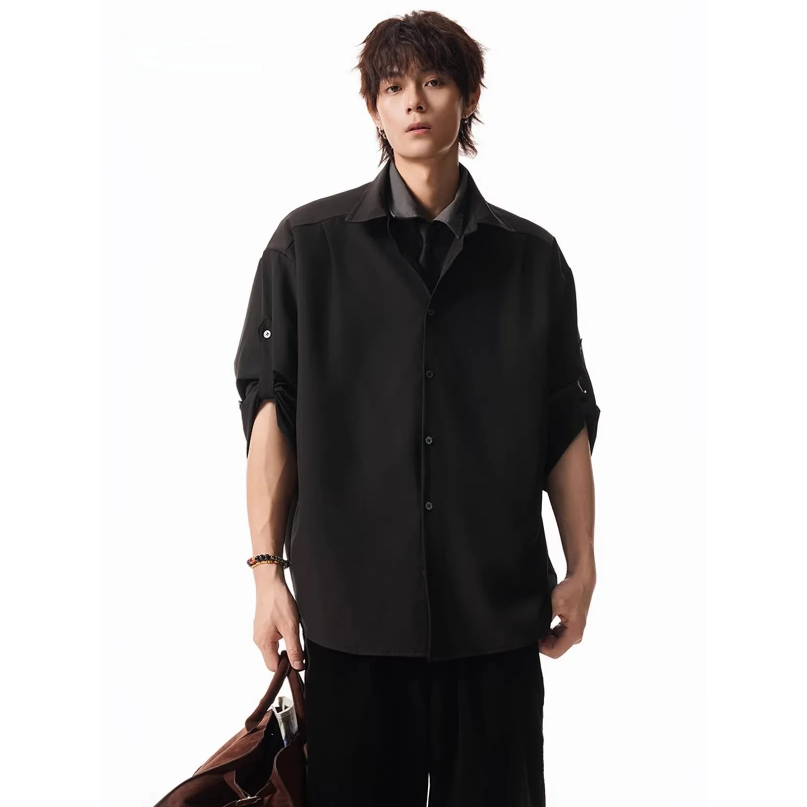 

Bla Suit irt with Tie Fake Two-Piece Stand Fit Long Sve Ele Sle for Men And Women Faionable Urban Wear