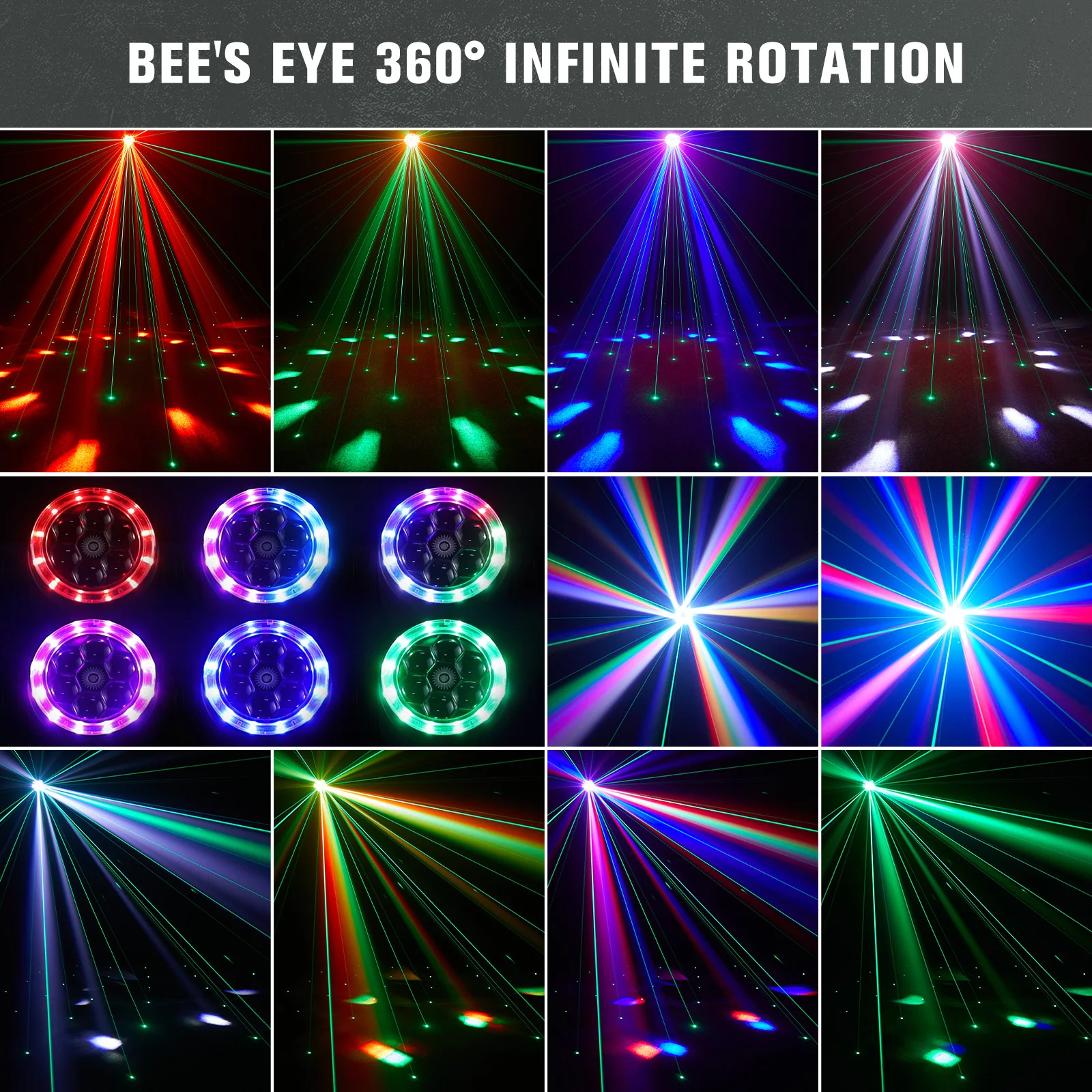 U\'King 90W RGBW Moving Head Lights 360° Rotation Halo Strip Bee\'s Eye Green Laser DMX  Stage Light DJ Lights For Wedding Party