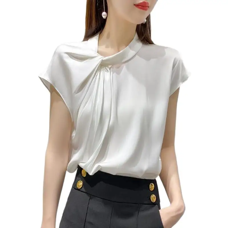 Women Acetate satin shirts,black white elegant wild office lday chiffon blouse artificial silk tops blusas de talla grande