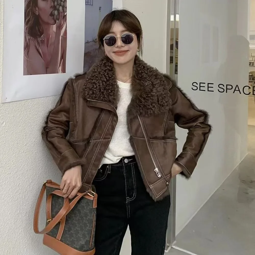 Short Style Fur Jacket 2024 Spring and Autumn Women Sheepskin Jacket Tanned Suede Fabric Natural Rabbit Lining,Luxury Fashion