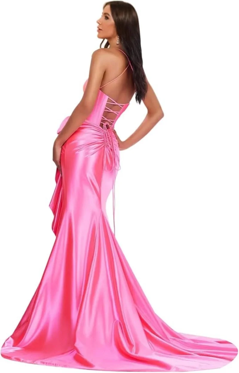 Spaghetti Straps Satin Prom Dresses for Women Mermaid Evening Gown Split off Shoulder Cocktail Dress with Bow Guest Dress image 2