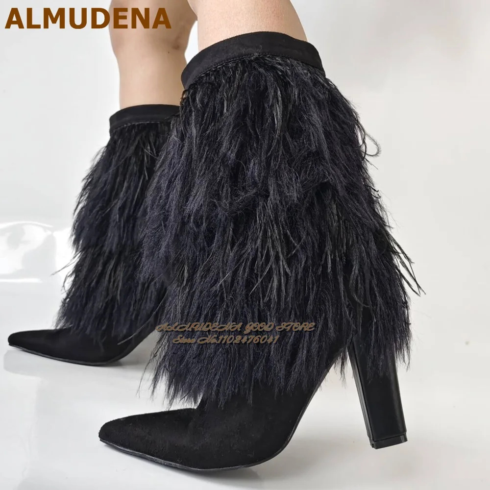 ALMUDENA Black Fluffy Feather Mid-Calf Boots Chunky Heels Pointed Toe Fur Middle Boots Women Fringe Winter Warm Outdoor Shoes