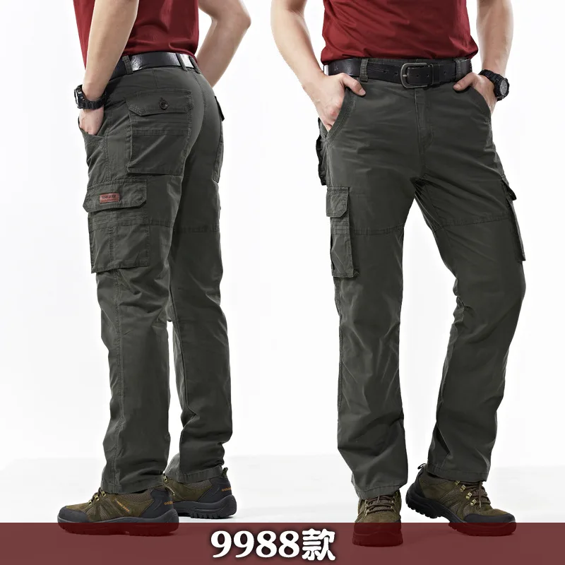 ICPANS Cargo Pants Mens Cotton Multi-pockets Baggy Men Pants Casual Trousers Overalls Green Pants Joggers Size 42 44