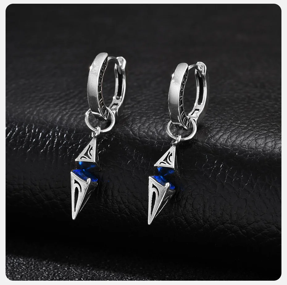 Vnox Herren Spike Dangle Huggie Hoop Ohrringe, Edelstahl Blauer Kristall Glücksbringer Kegel-Anhänger Ohrschmuck für Punk Männer Geschenk – Detail 5