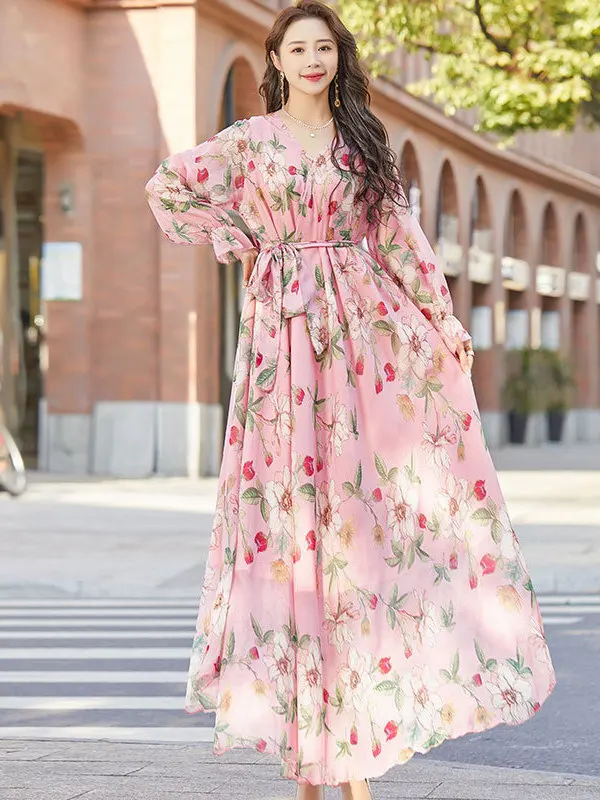 2025 صيف طويل Sve الحرير Dr Vaion Sle فضفاض الخصر الشيفون محبوك عطلة الشاطئ Photoaphy المرأة Faion #1