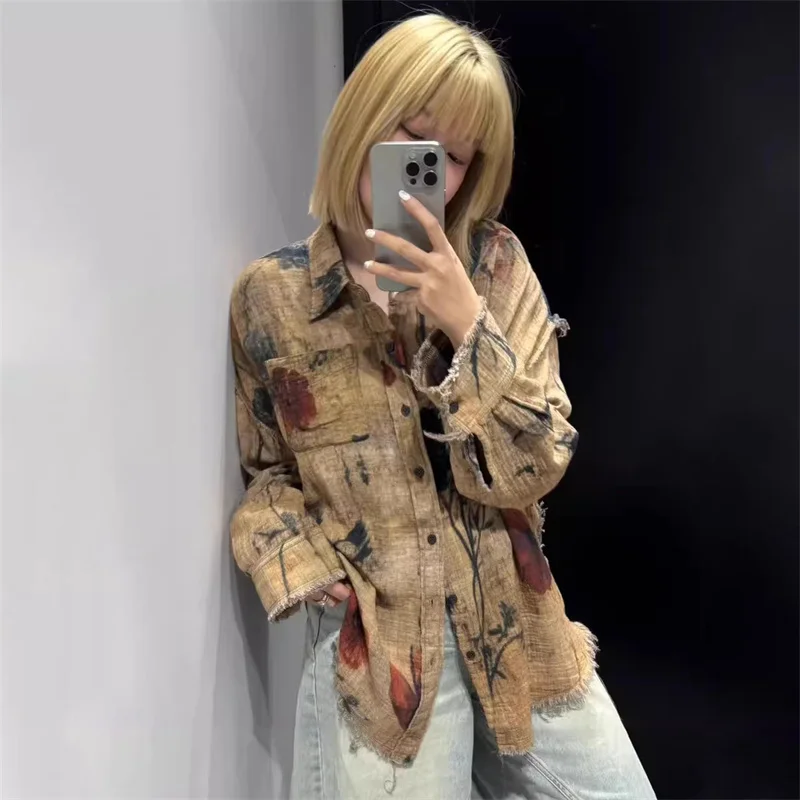 

Женская рубашка, новинка осени 2025, винтажный топ с лацканами и длинными рукавами, хлопковая клетчатая женская блузка, двустороннее носимое тонкое пальто