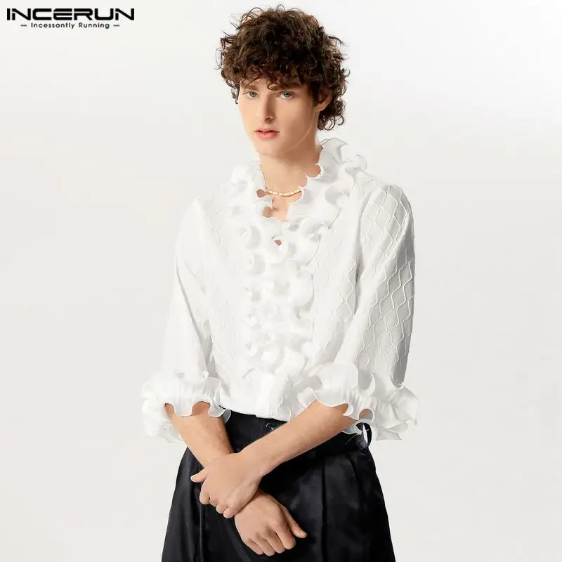 INCERUN Tops 2024 Handsome New Men\'s Ruffled Edge Patchwork Texture Shirts Male Leisure Streetwear Solid 3/4 Sleeve Blouse S-5XL