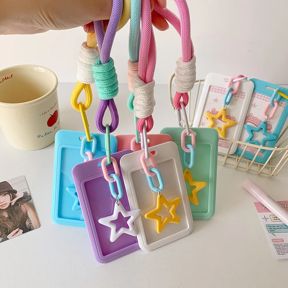 INS Morandi Colorful Star Pattern Sliding Cover Woven Rope Keychain Campus Work Card Protection Kpop Idol Photo Card Holder