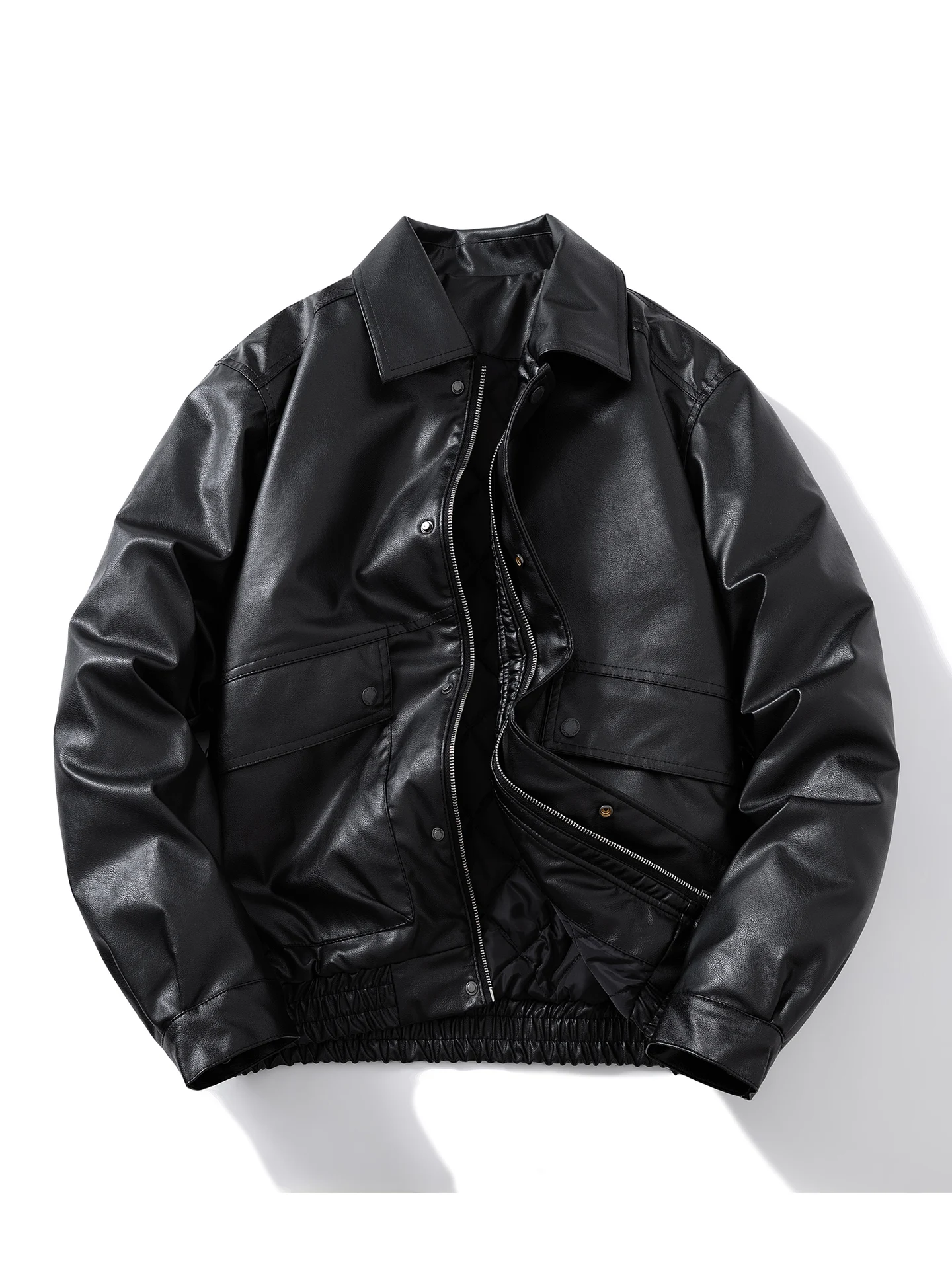 

American Retro Motorcycle PU Leather Jaet Men's Cotton Lined Collared Large Size Biker Jaet Casual Warm Long Sve Zipper