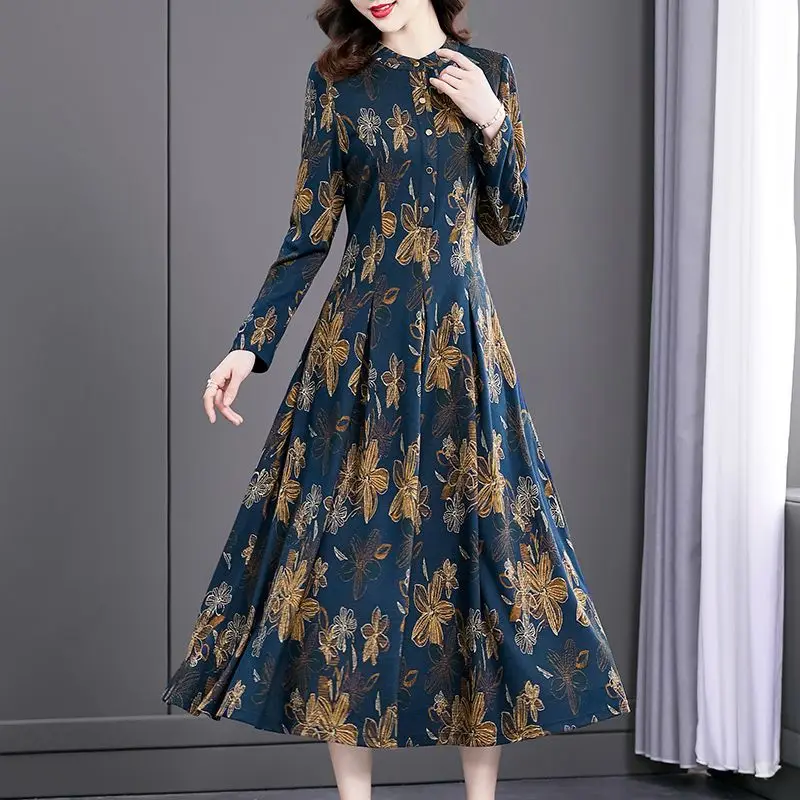 

Elegant Vintage Women Long Floral Dress Spring Autumn New Long Sleeve Evening Dresses Slim Printing Female Luxury Chic Maxi Robe