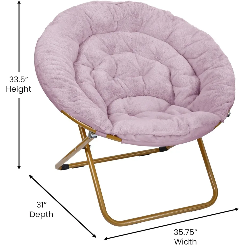 كرسي صحن قابل للطي كبير الحجم مع فرو صناعي - إطار معدني ذهبي ناعم أرجواني مغبر - كرسي قمر محمول 38 قابل للطي للمريح #2
