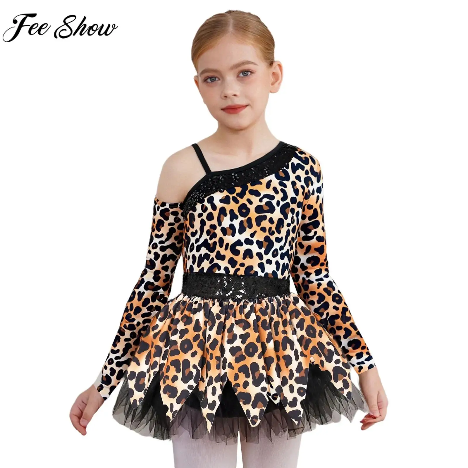 

Kids Girls Stone Age Caveman Primitive Tribe Hominid Costume Print Mesh Tutu Leotard Dress with Oversleeve for Halloween cosplay