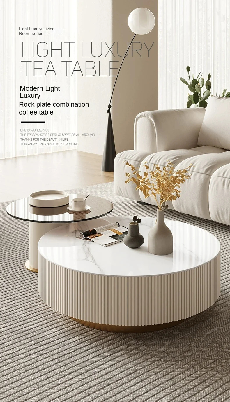 Modern Stone Slab Coffee Table Set with Metal Frame Foldable & Adjustable Height for Compact Living Rooms