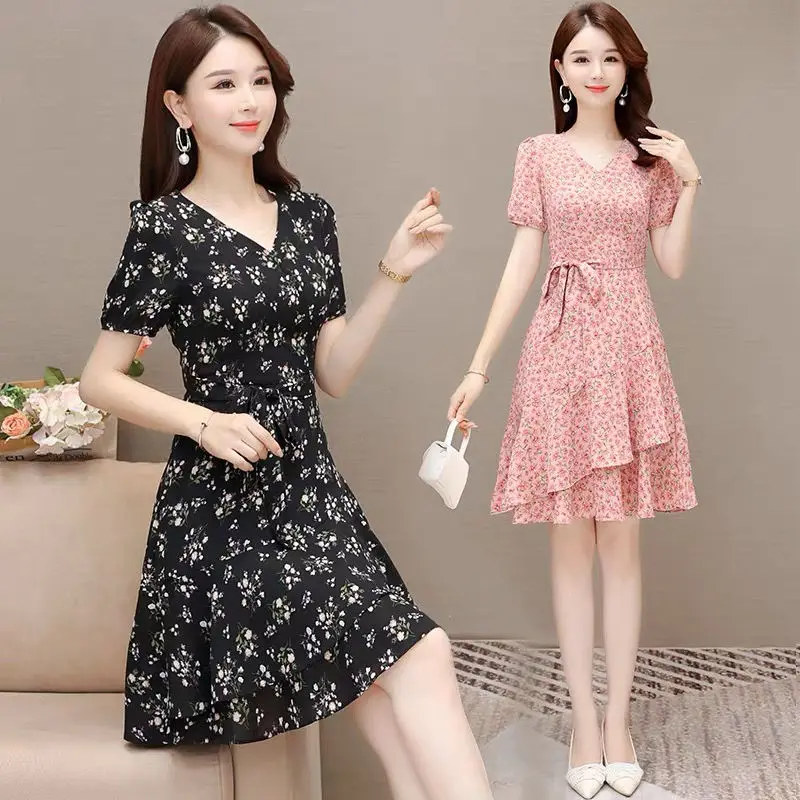 Elegant V-Neck Printed Spliced Ruffles Bandage Floral Dress Women's Clothing 2025 Summer New Loose Office Lady Prom Dresses