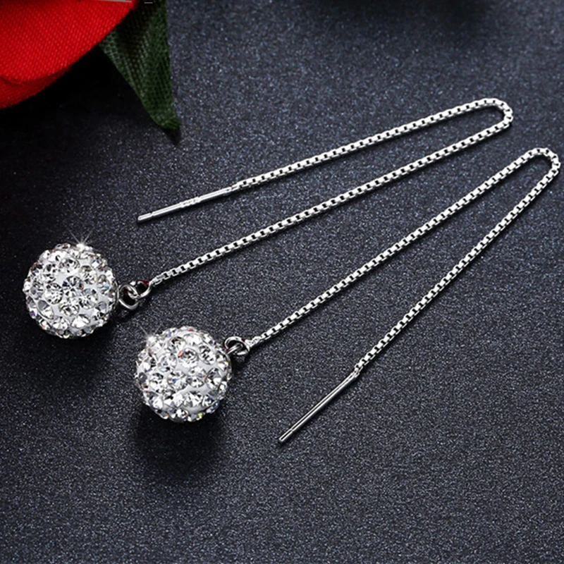 Women\'s Fashion Piercing Ear Charming Tassel Earrings  Dangle Ball Shiny Crystal Full Filled Long Box Chain Female Ear Jewelry