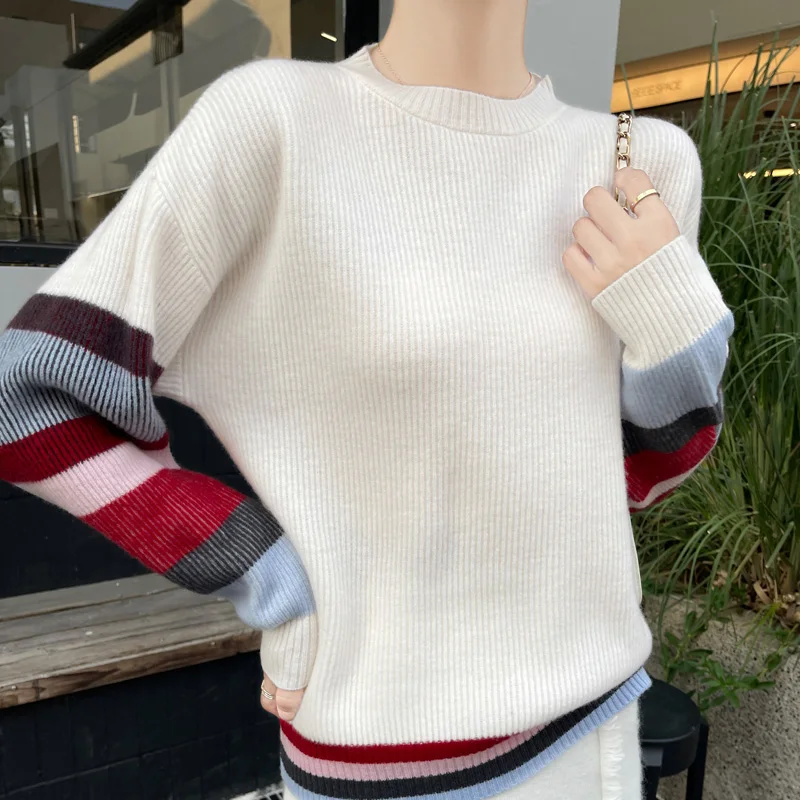 100% laine mérinos nouveau col rond tricoté pull pull cachemire manches longues minceur couleur-blocage doux vêtements de sport haut