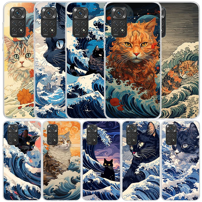 Anime Cat Sea Wave Aesthetic Phone Case For Xiaomi Redmi Note 13 12S 12 11S 11 11T 11E Pro Plus 10S 10 9S 9 8T 8 7 + Soft TPU Ba