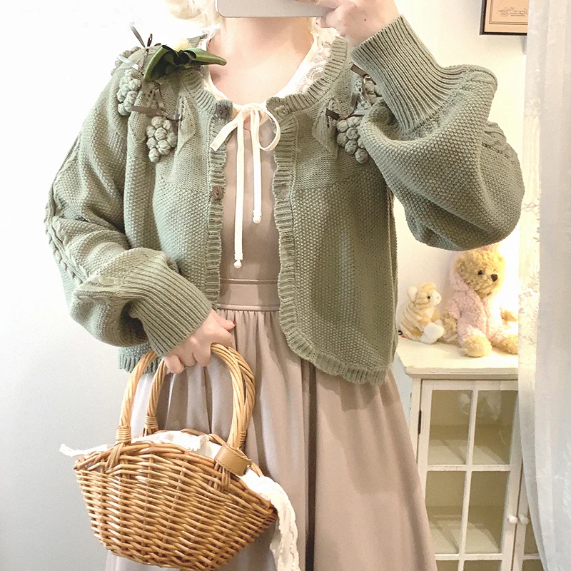 

Vintage Knitted Cardigans Women Grape Embroidery Long Sleeve Bows Decoration Cute Sweaters for Sweet Girls