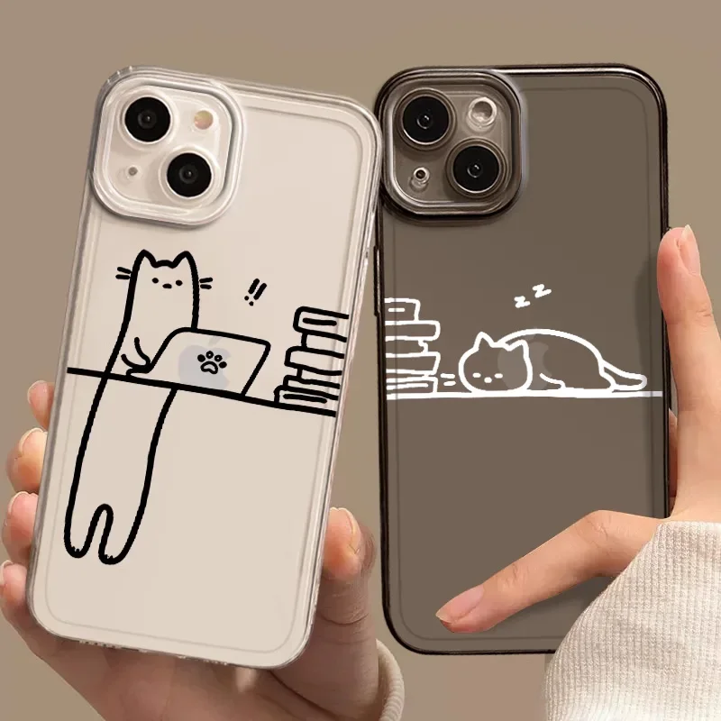 

Funny Carton Line Cat Phone Case For iPhone 17 16 15 11 12 14 13 Pro Max Mini XS XR 7 Plus 16E Air Shockproof Transparent Cover