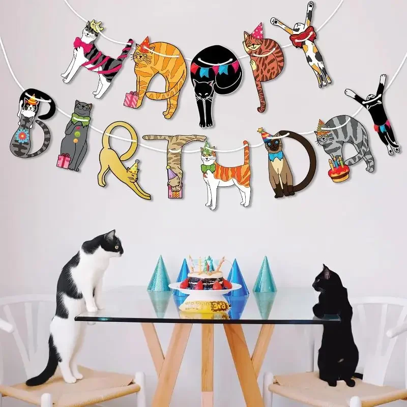 Décorations de fête d'anniversaire pour chat de compagnie, bannière de fête à thème de chat, bannière joyeux anniversaire, bannière joyeux anniversaire pour chat