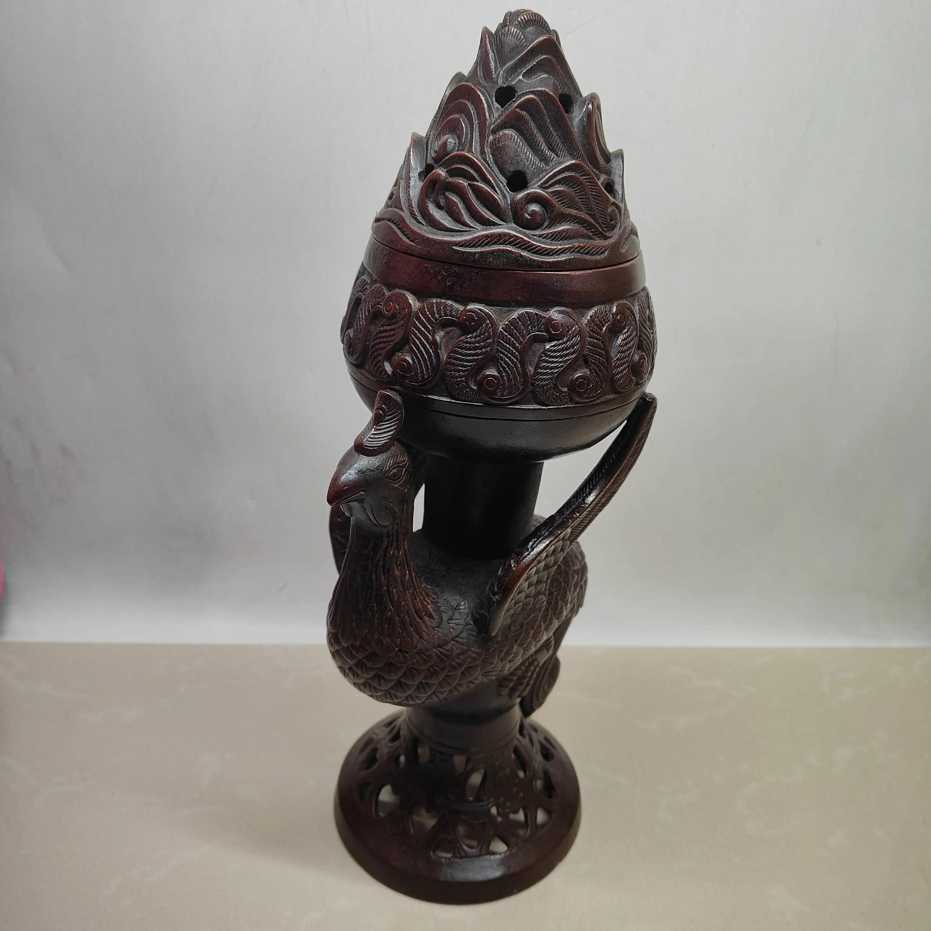 A Phoenix Boshan incense burner made of brass, imitating antique purple copper with an aged and vintage finish.,Free shipping