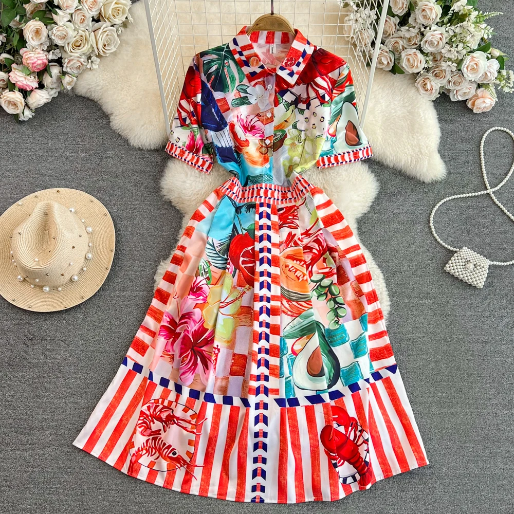 Polo Neck Printed Vintage Long Dress Short Sleeve Big Hem Slim Long Dress Vestidos Casual Fashion Women Elegant Robe