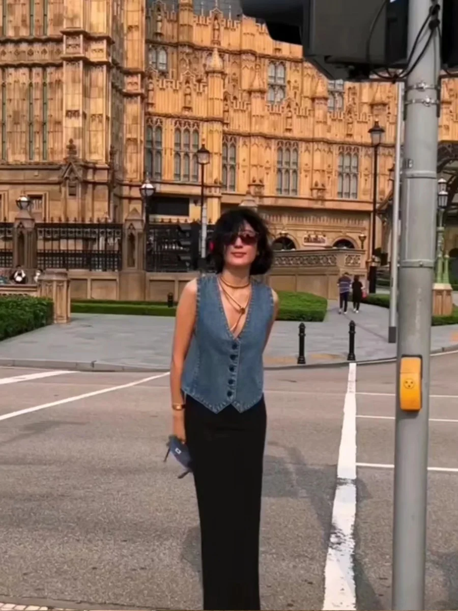 

Ретро-синий джинсовый жилет с V-образным вырезом для женщин, летний, тонкий, с эффектом утягивания талии, корейский стиль, повседневный, модный