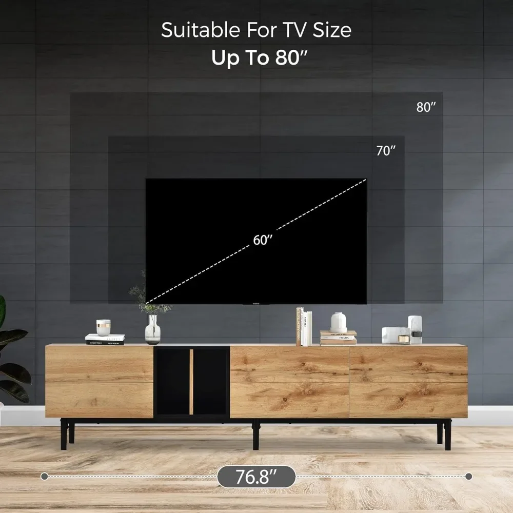 TV Stand with 3 Cabinets & Open Shelves, Minimalist Wooden Entertainment Center for TVs Up To 80”, Modern TV Stand