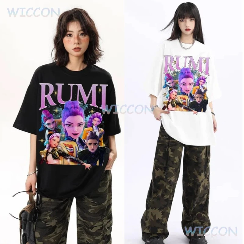 Anime K-Pop Demon Hunters Rumi Cosplay Oversize Washed T-shirt Women Men Vintage O-Neck Short Sleeve T-Shirt
