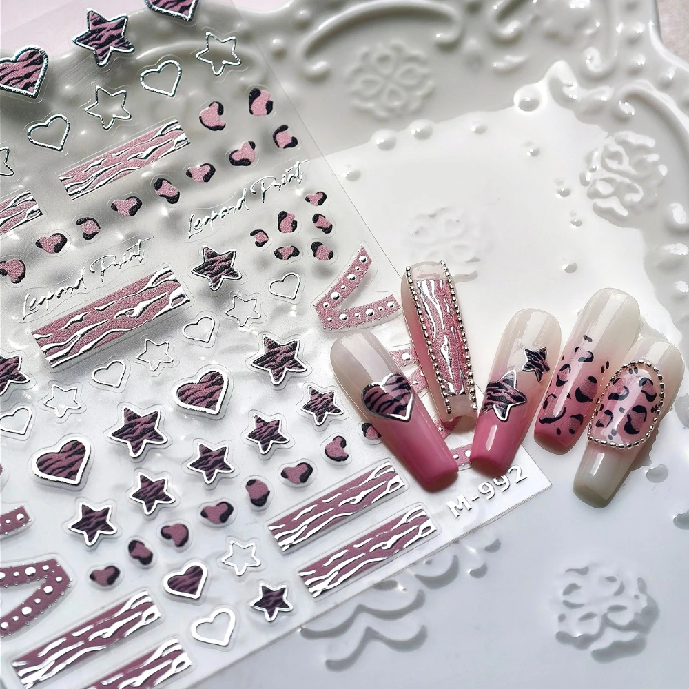 

Pink Leopard Print Love Stars Lace Bowknot Silver Stamped 3D Self Adhesive Nail Art Stickers Ribbon Manicure Decals Wholesale