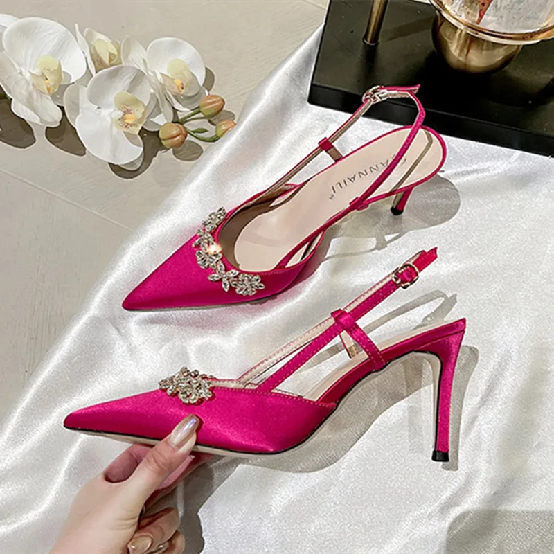 Luxury Satin Rhinestone Flower Design High Heels Women Sexy Pointed Toe Heeled Sandals Back Strap Blue Pumps Party Wedding Shoes