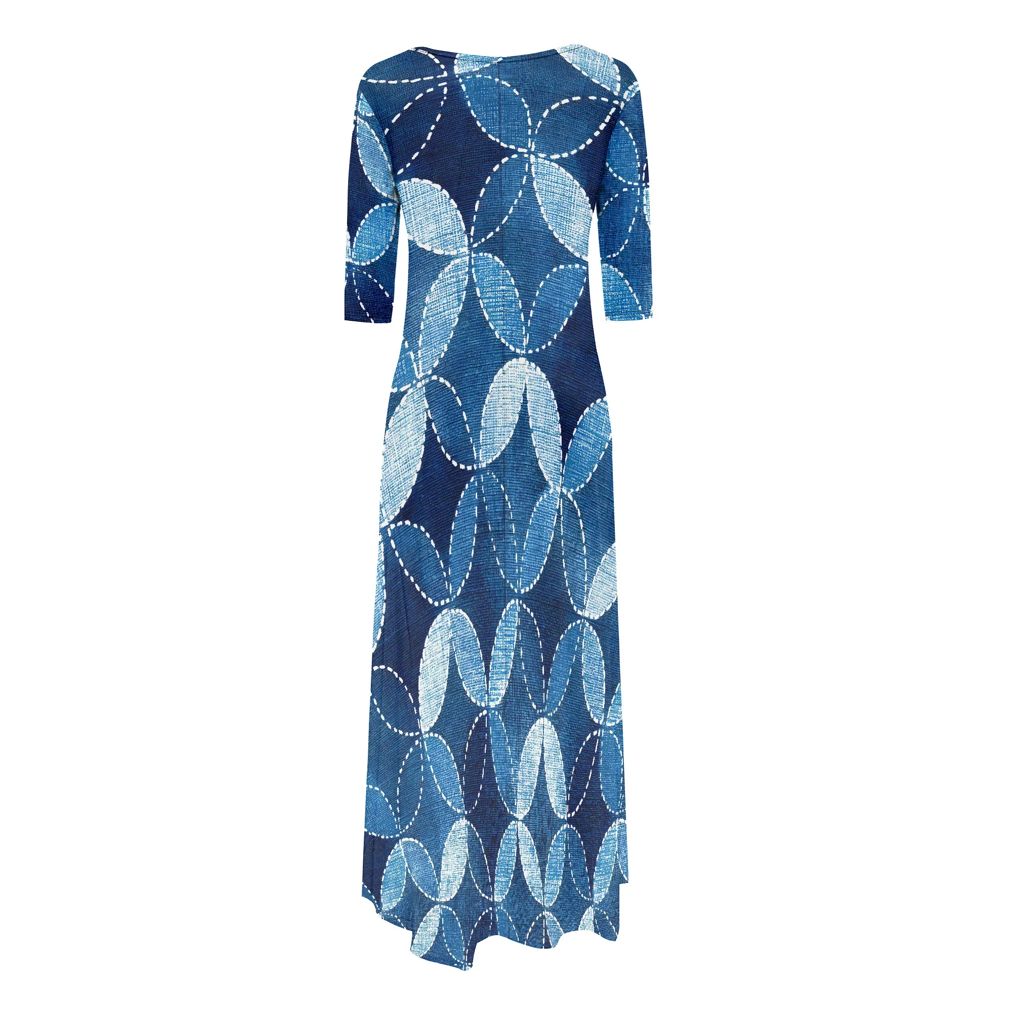 Boho Denim Blue Circle Print Maxi Dress for Women Vintage Style Loose Casual Outfit for Summer Travel
