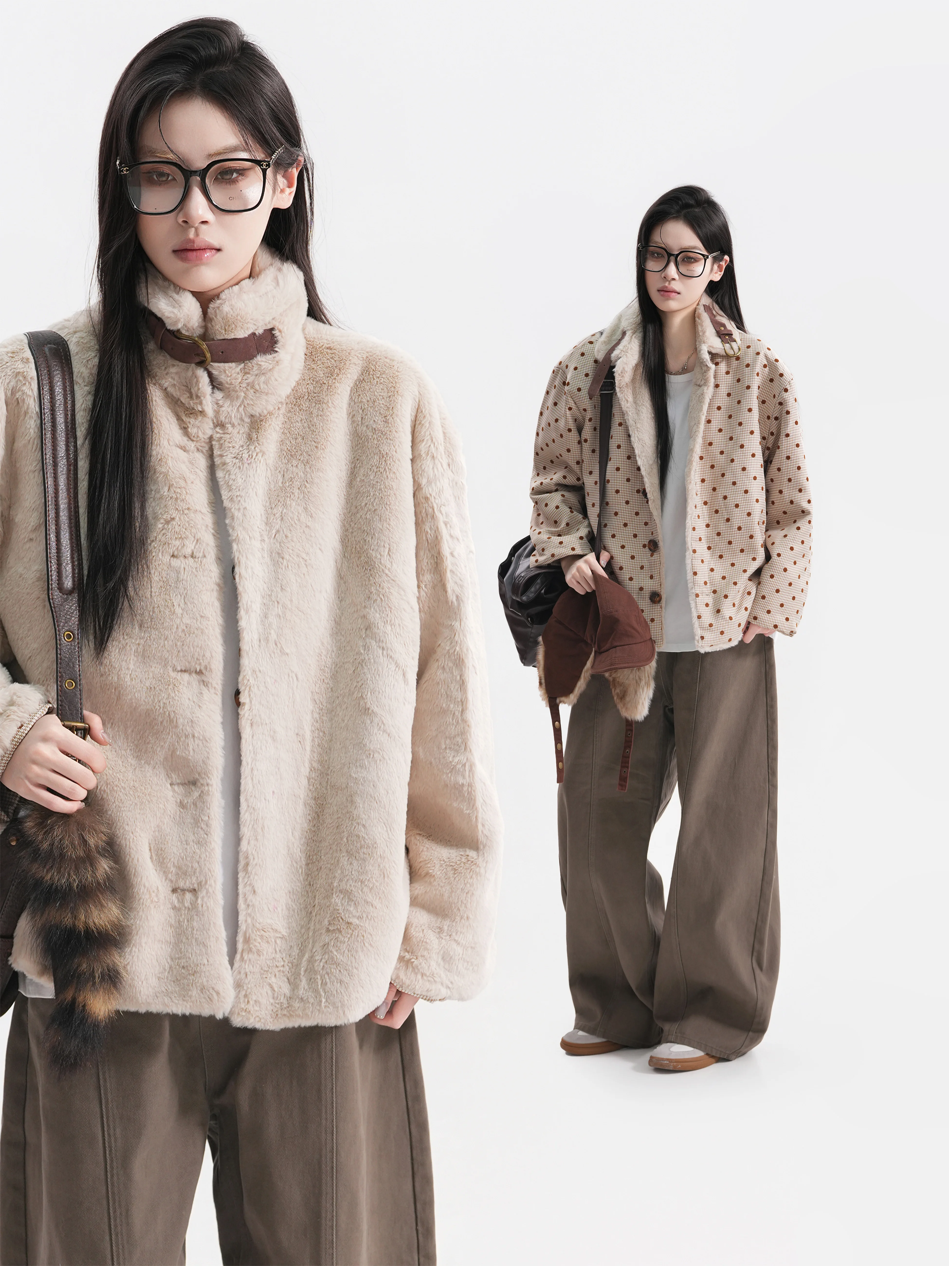 Double-Sided Wear Polka Dot Suede Cotton Jacket Women's Winter Vintage Loose Stand Collar Cotton Coat Warm Casual Style
