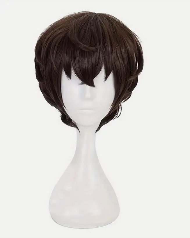 Peluca de Anime para Cosplay, pelo sintético resistente al calor, corto, marrón, negro, Halloween