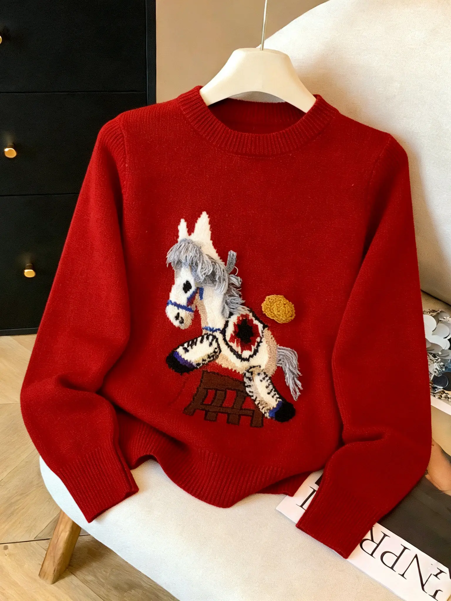 

Red Embroidered Long Sve Sweater Women's Casual Loose Fit Comfortable Warm Spring Faion Anti-Aging Cute Design
