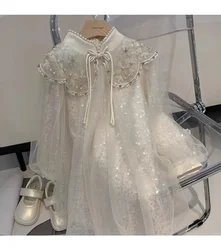 Nuova e migliorata versione del vestito qipao per ragazze in autunno, nuovo vestito di paillettes in stile cinese, vestito da principessa per bambina