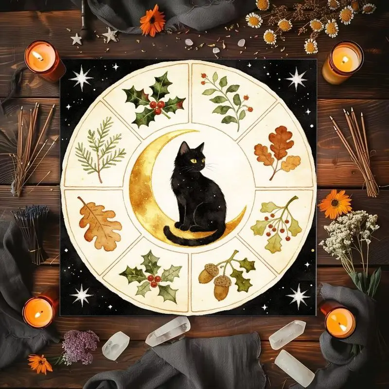 VIKAMA Color Window Black Cat Moon Phase Rose Retro Flower Altar Cloth Tarot Card Tablecloth Wika Divination Astrology Card Pad