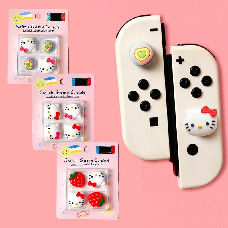 4Pcs Cute Hello Kitty Silica Gel Joycon Thumb Stick Grip Cap Joystick Cover For Switch PS4/5 Joy-con Controller Thumbstick Case