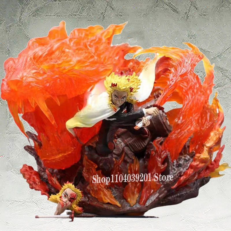 27cm Demon Slayer Rengoku Action Figure Fantasy Figurine Model Gk Kyoujurou Rengoku Figure 2-headed Model PVC Collection Toys