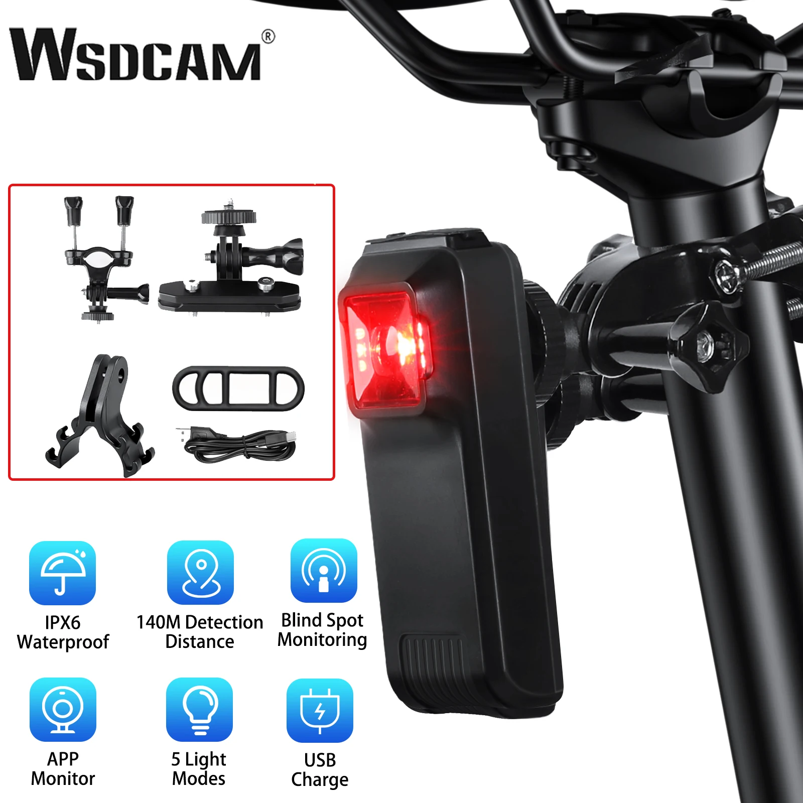 WSDCAM Bicycle Rearview Radar Tail Light 5 Modes Tail Lamp Blind Spot Monitor Waterproof Smart Rear Bike Light