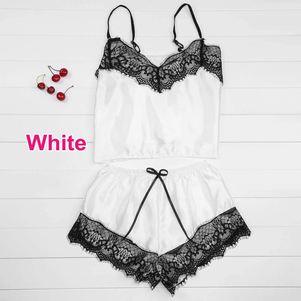 2 PCS 8 Colors Women Fashion Pajamas Set Ice Silk Lace Lingerie Spaghetti Strap Vest+Short Pants Nightwear Suits Pajamas